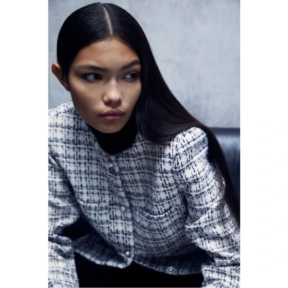 White/Black Plaid Boucle Jacket Size S - Picture 4 of 8